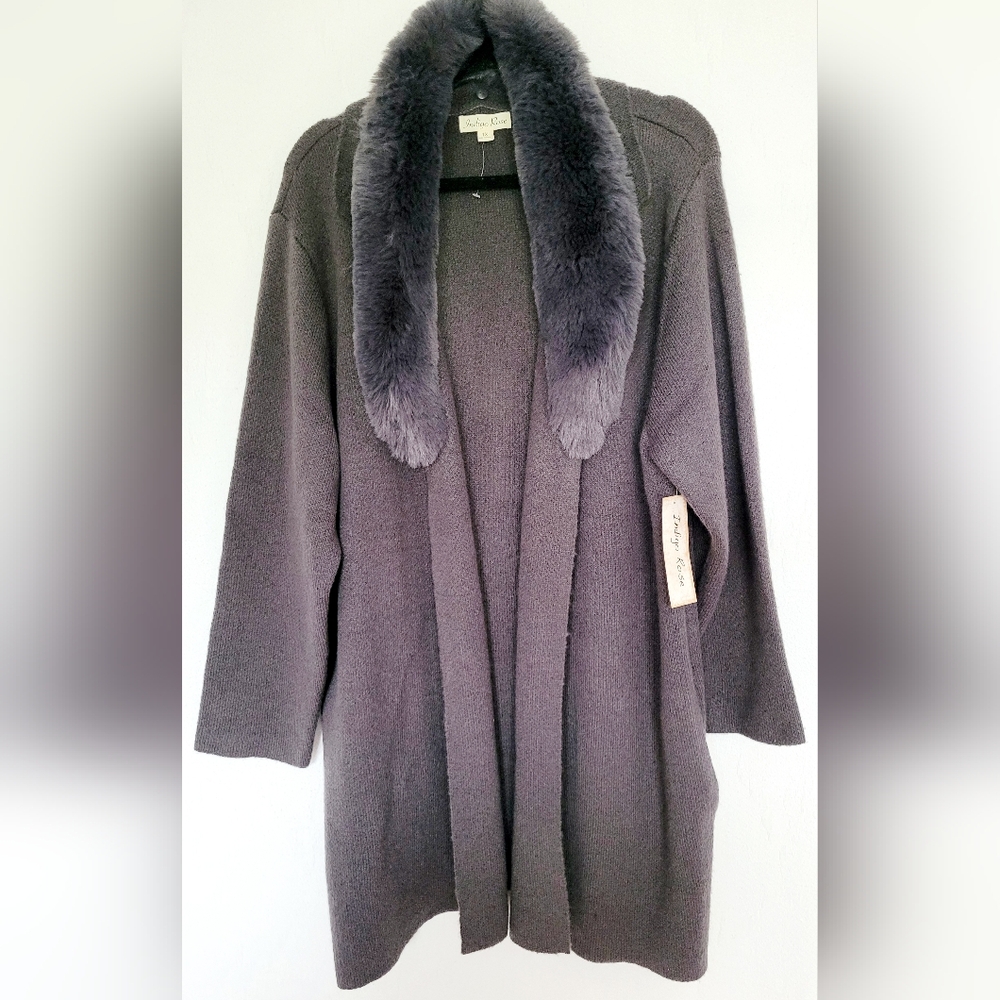 Indigo Rose Long Acrylic Blend Cardigan Faux Fur Gray Pockets Open Front 1X New